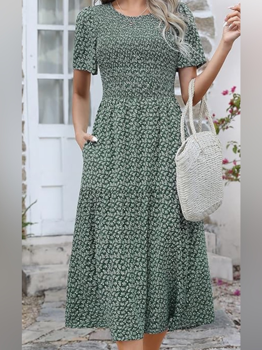 Women’s Ellakoko Smocked Waist Short Sleeve Floral Midi Dress - Green - Picture 3 of 11